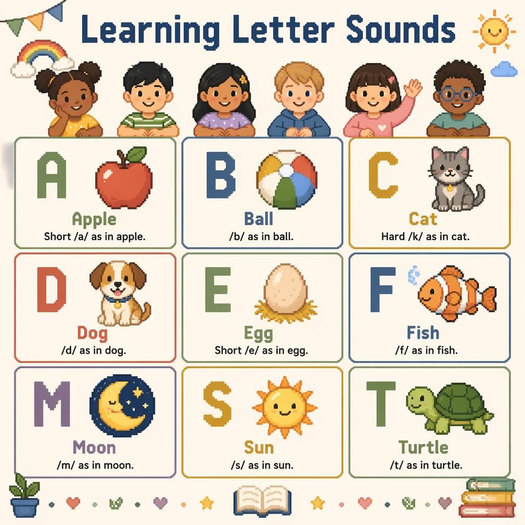 Pixel art classroom poster with 9 phonics cards in a 3x3 grid showing A, B, C, D, E, F, M, S, T with icons and labels.