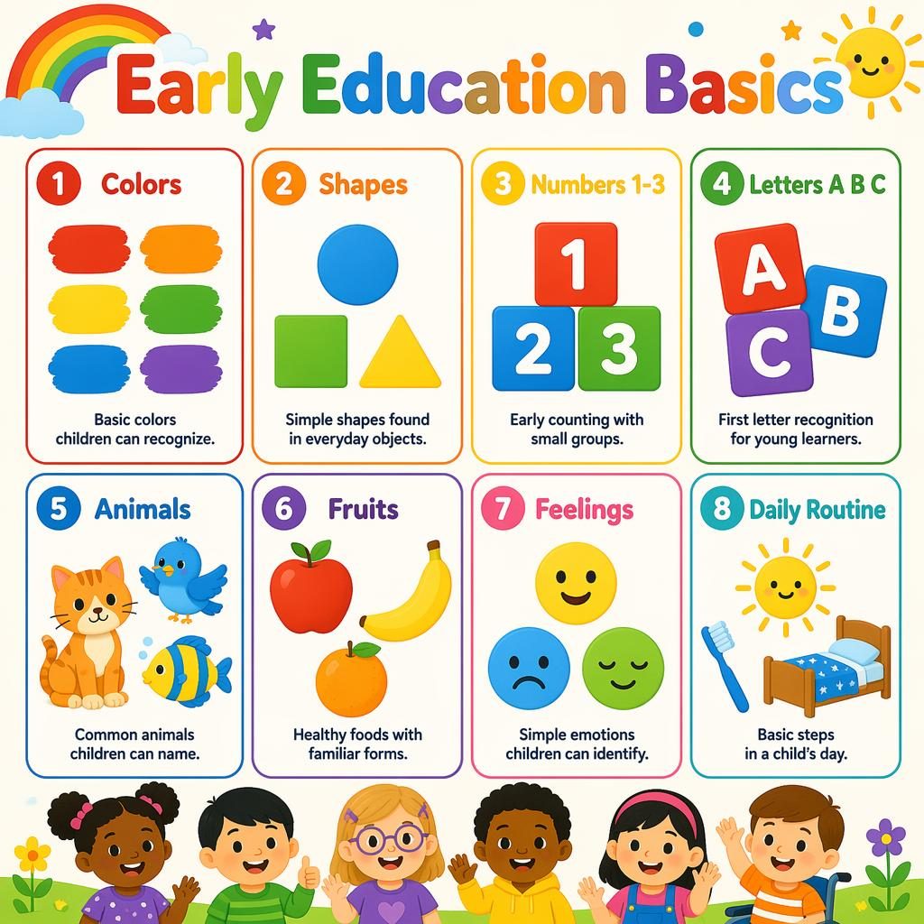 Póster educativo infantil con cuadrícula de 8 tarjetas coloridas sobre colores, formas, números, letras, animales y rutinas.