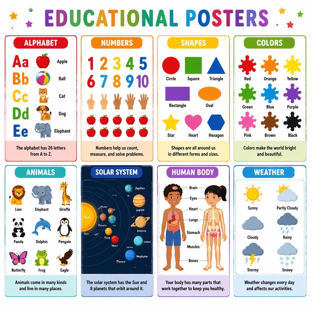 Infografía con 8 tarjetas educativas en cuadrícula, colores arcoíris, iconos claros y texto en inglés para niños.