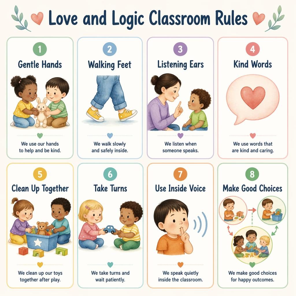 Educational poster with 8 toddler classroom rule cards in a clean grid, icons, English labels, and soft watercolor accents.