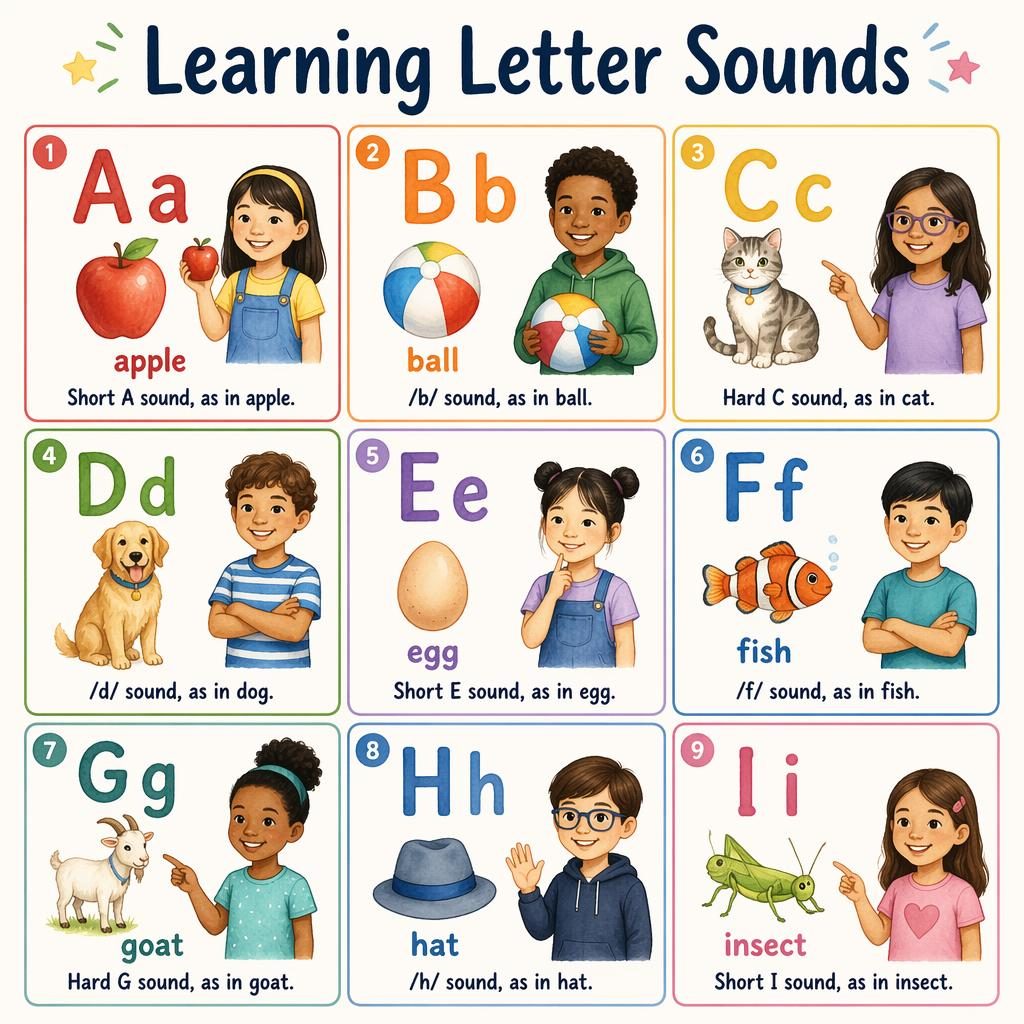3x3 kids phonics poster grid with A-I cards, uppercase and lowercase letters, icons like apple, ball, cat, dog.