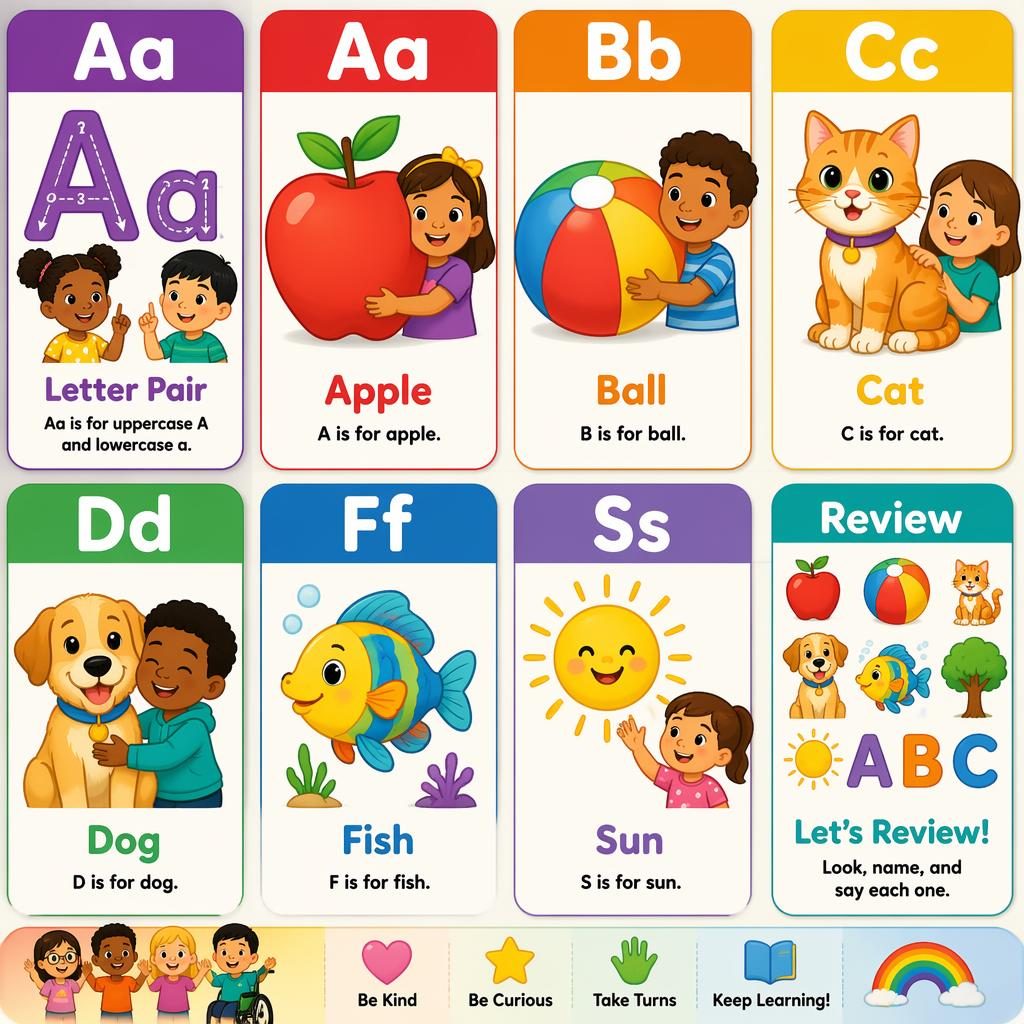 Colorful classroom-style poster with 8 alphabet cards showing letters, apple, ball, cat, dog, fish, sun, tree, and review items.