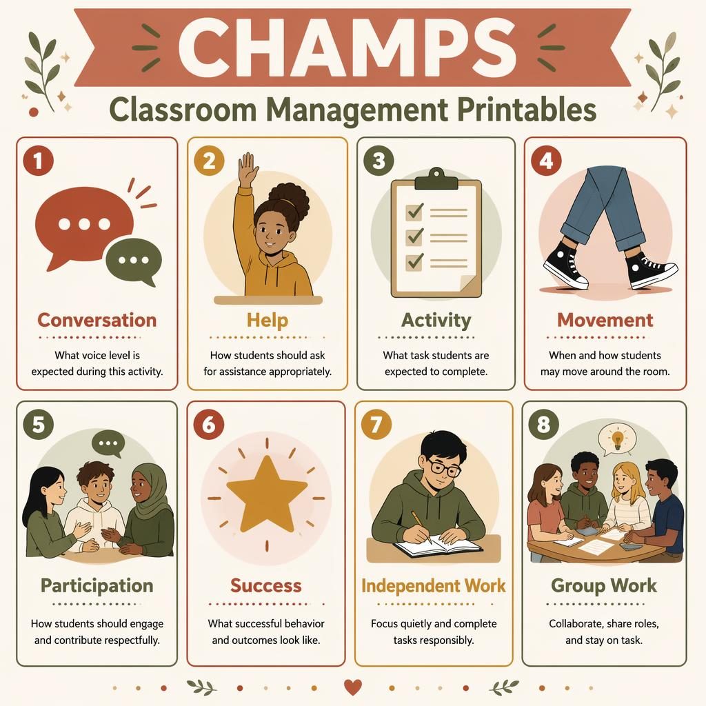 Educational poster with 8 CHAMPS classroom management cards in a warm earth-tone grid for middle school students.