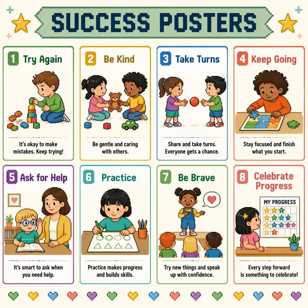 Pixel art classroom poster with 8 kids success habit cards in a muted Montessori palette, labeled in English.
