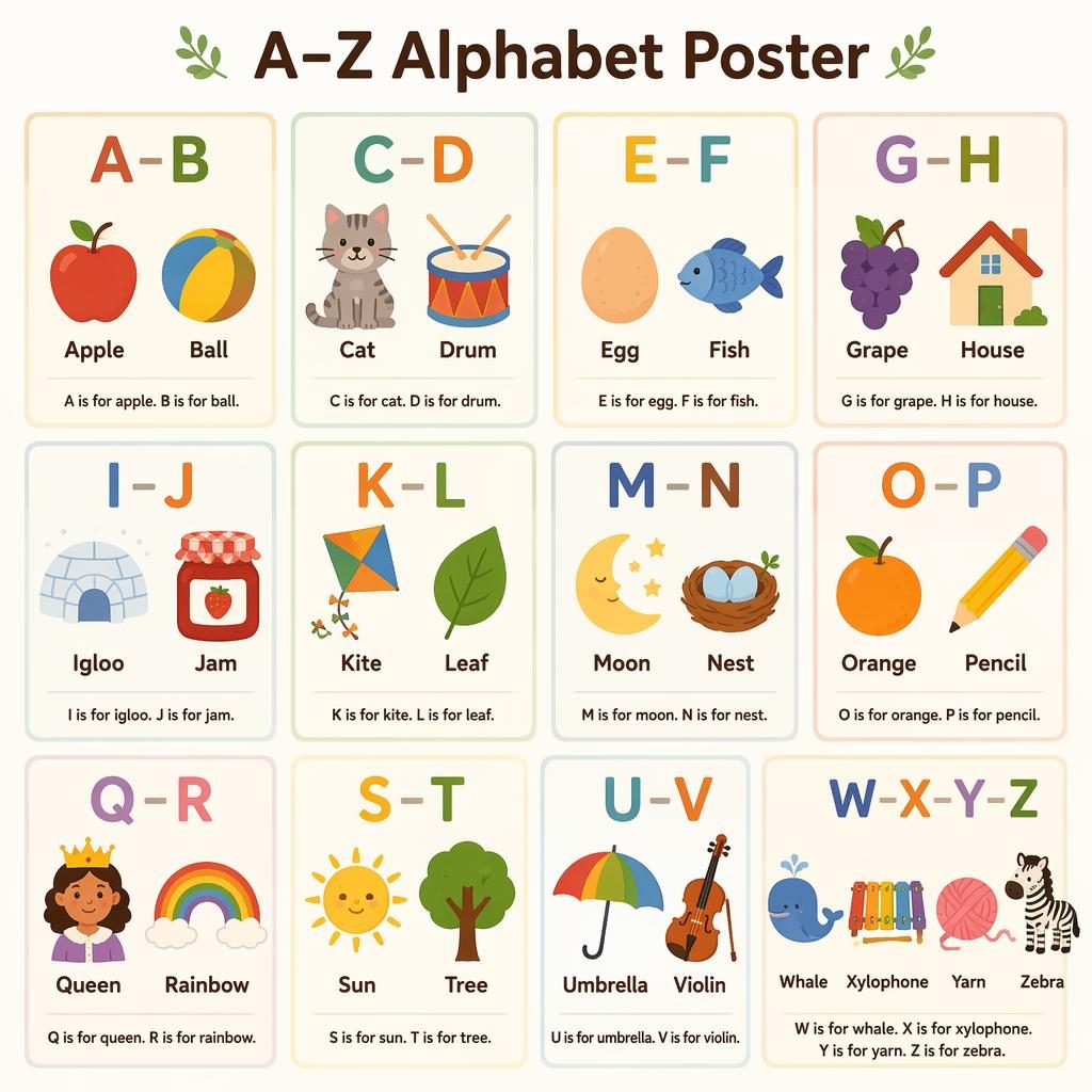 12-card A–Z alphabet poster grid with kid-friendly icons, English labels, warm earth tones, and Montessori style.