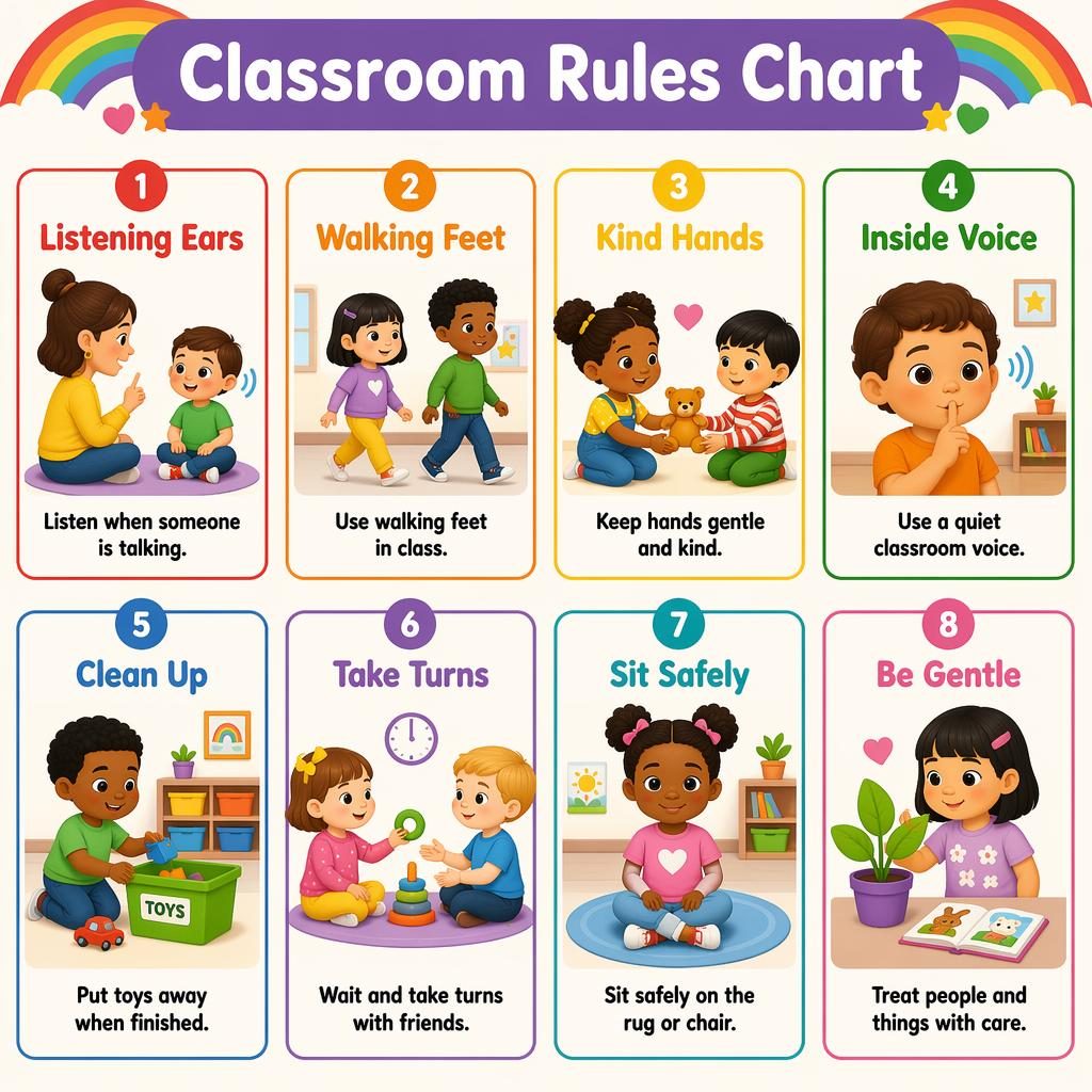 Colorful classroom rules chart with 8 toddler-friendly cards, icons, English labels, and diverse children in a rainbow grid.