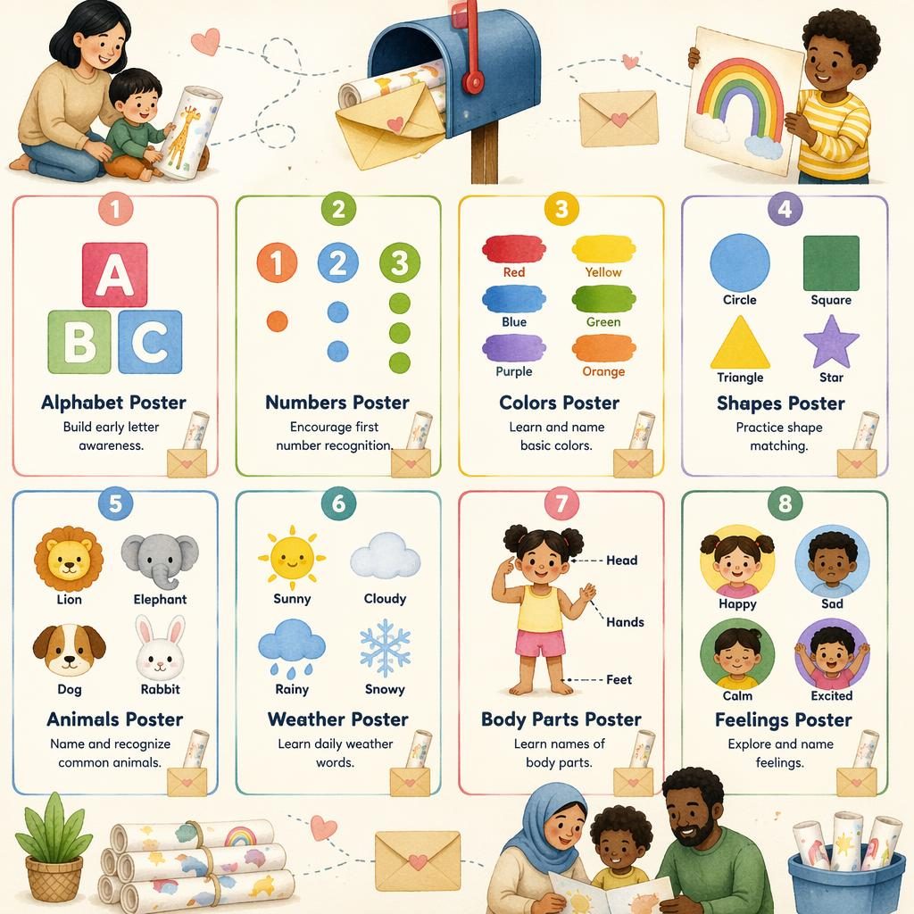 Classroom poster with 8 toddler learning cards, watercolor icons, English labels, and subtle envelope and mailbox motifs