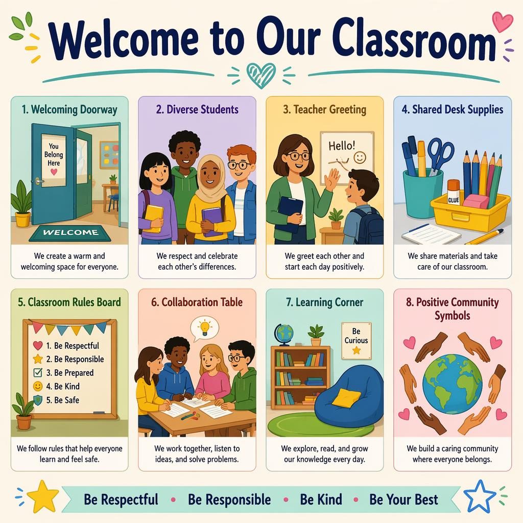 Flat pastel classroom poster with 8 labeled cards showing icons for welcome, students, teacher, rules, supplies, and teamwork.