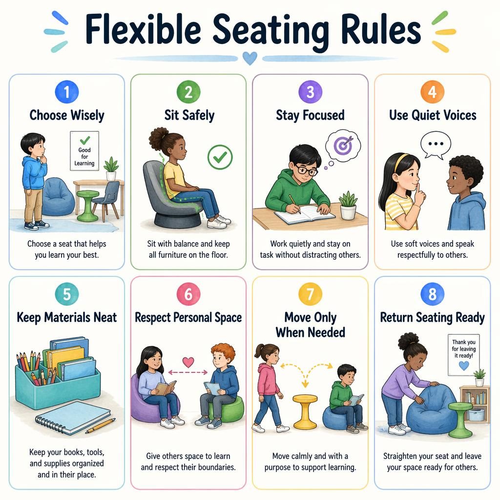 Educational classroom poster with 8 illustrated cards showing flexible seating rules for kids in a clean grid layout.