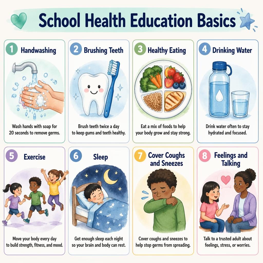Educational poster with 8 health habit cards for kids, showing handwashing, teeth brushing, healthy eating, water, exercise, sleep, cough covering, and feelings.