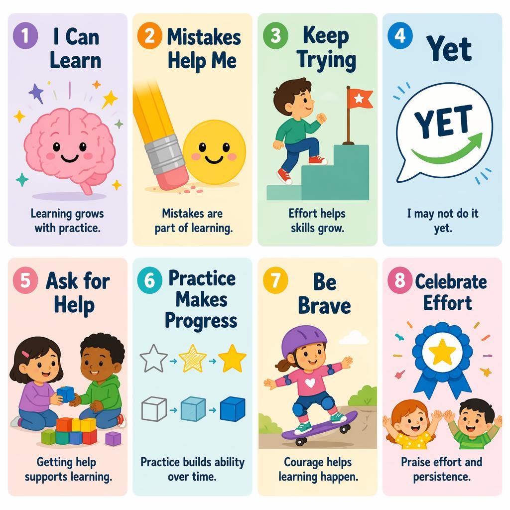 Flat pastel classroom poster with 8 growth mindset cards for kids, showing icons, English labels, and simple learning messages.