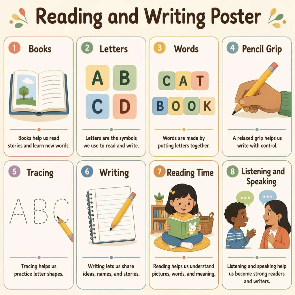 Kids reading and writing poster with 8 rounded educational cards, English labels, icons, and inclusive classroom visuals.