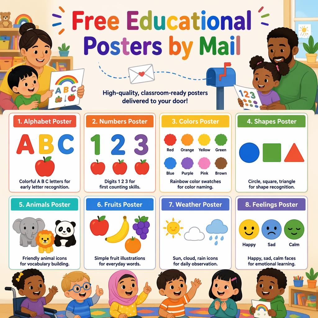 Colorful classroom poster grid with 8 toddler learning cards, English labels, rainbow icons, and small mail envelope motif.