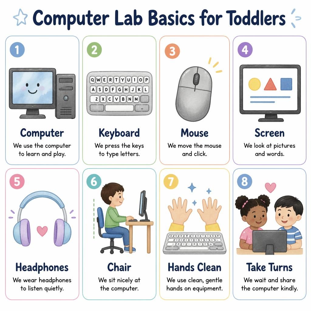 Grid poster with 8 toddler computer lab basics cards: computer, keyboard, mouse, screen, headphones, chair, clean hands, take turns.