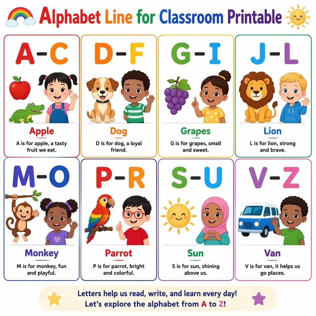 Colorful 8-card classroom poster grid showing alphabet segments A–Z with objects, English labels, and toddler-friendly art