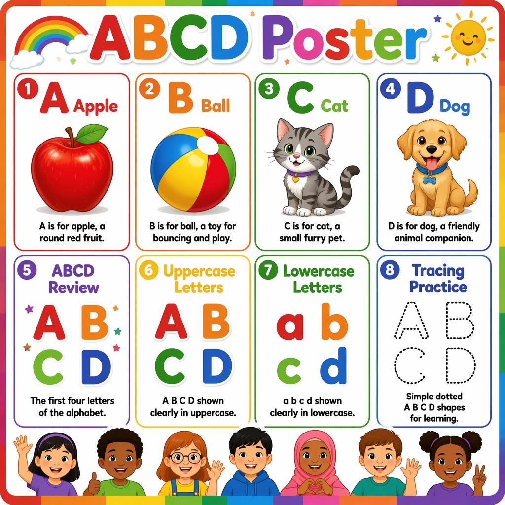 Colorful ABCD poster with 8 cards showing Apple, Ball, Cat, Dog, uppercase, lowercase, review, and tracing.