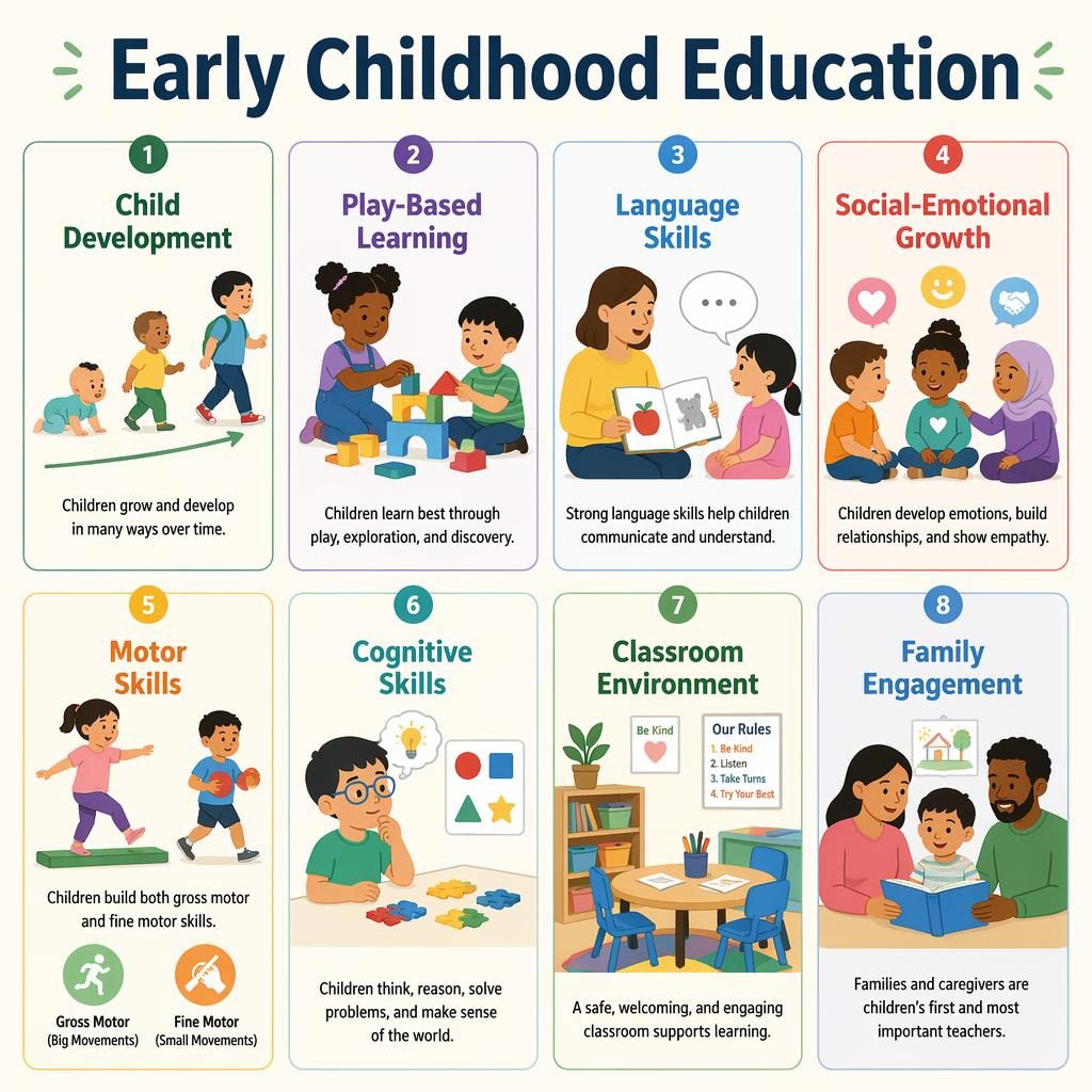 Flat pastel early childhood education poster with 8 labeled cards on child development, play, language, social skills, motor skills, cognition, classroom, and family engagement.