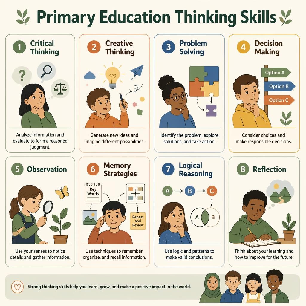 Educational poster with 8 labeled cards on thinking skills in a warm Montessori-style grid for middle school students.