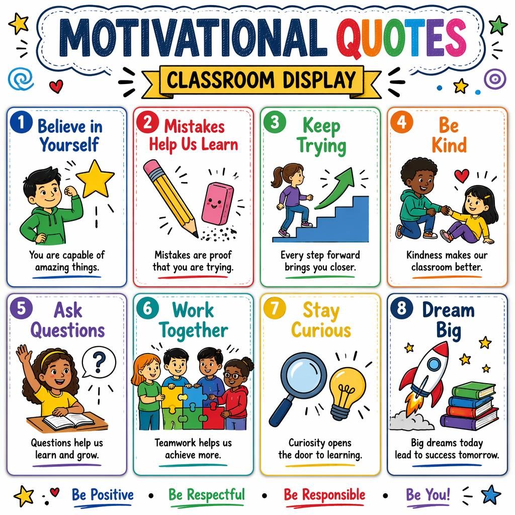 Sketchnote classroom poster with 8 motivational quote cards, kid-friendly icons, bright primary colors, and English text.