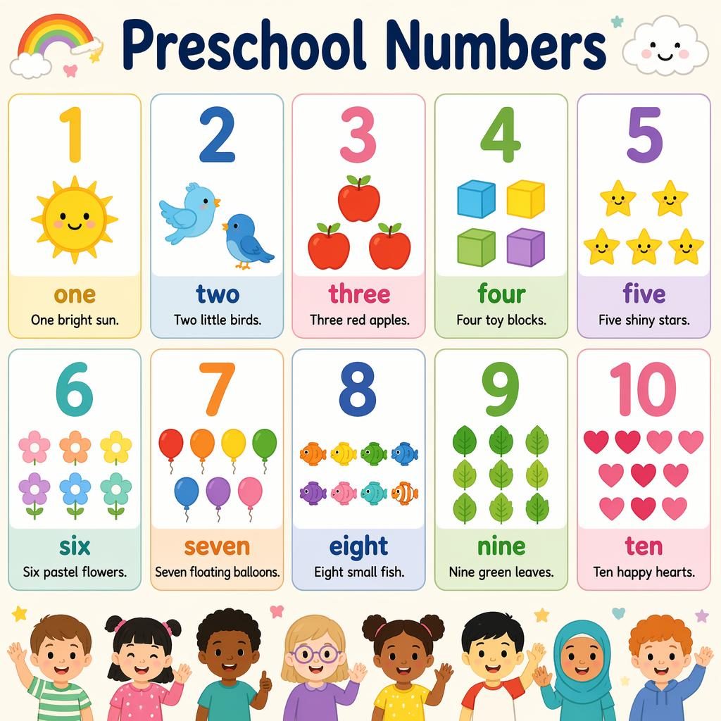 Educational poster with 10 pastel number cards in a 2x5 grid, showing digits 1 to 10, icons, English labels, and captions.