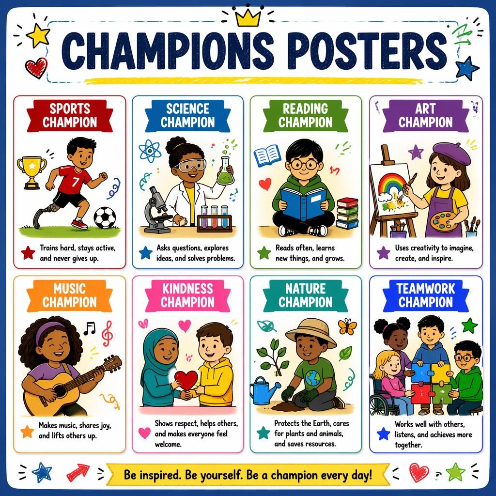Educational champs posters infographic with 8 colorful cards showing sports, science, reading, art, music, kindness, nature, and teamwork champions.