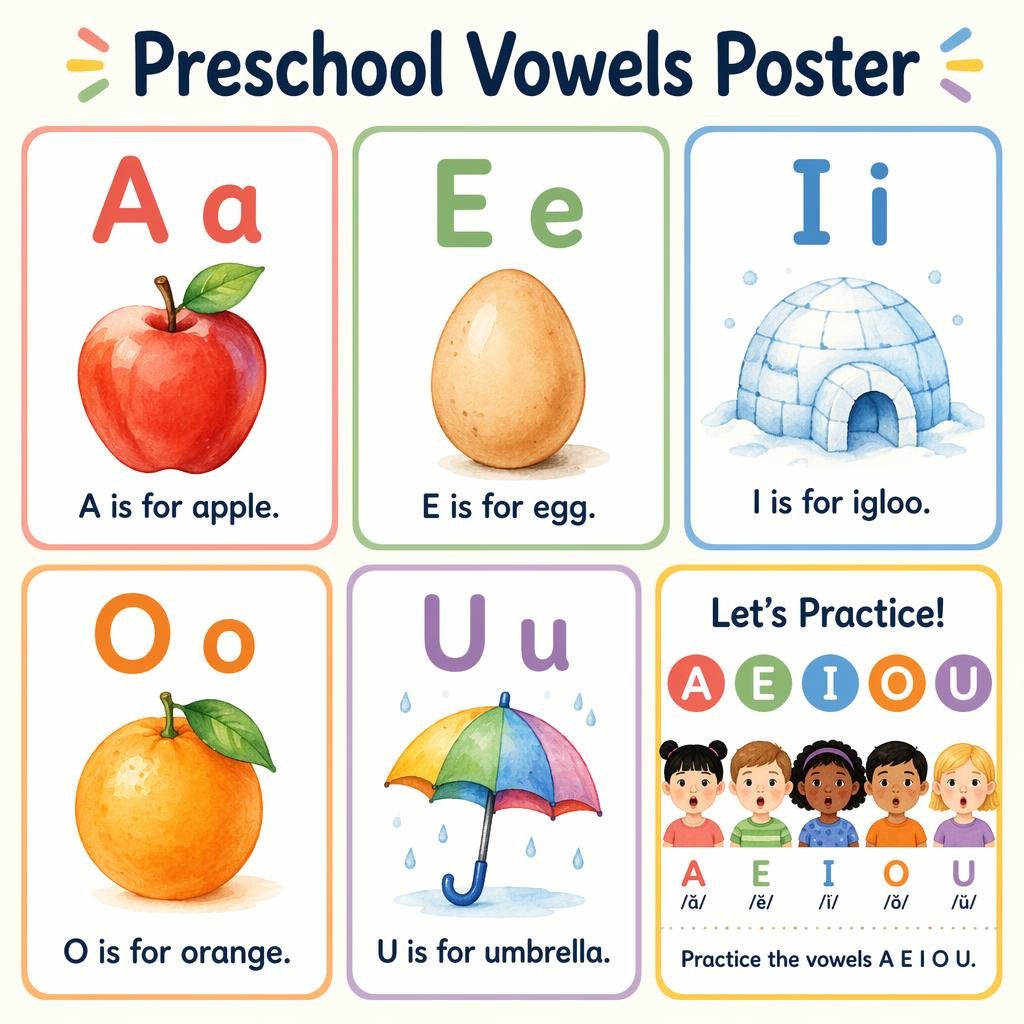 Infografía infantil con 6 tarjetas de vocales, ilustraciones de apple, egg, igloo, orange, umbrella y repaso A E I O U.