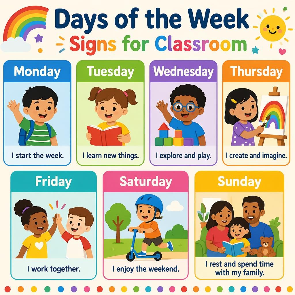 Colorful classroom poster with 7 cards for Monday to Sunday, toddler-friendly icons, rainbow palette, and simple English labels.