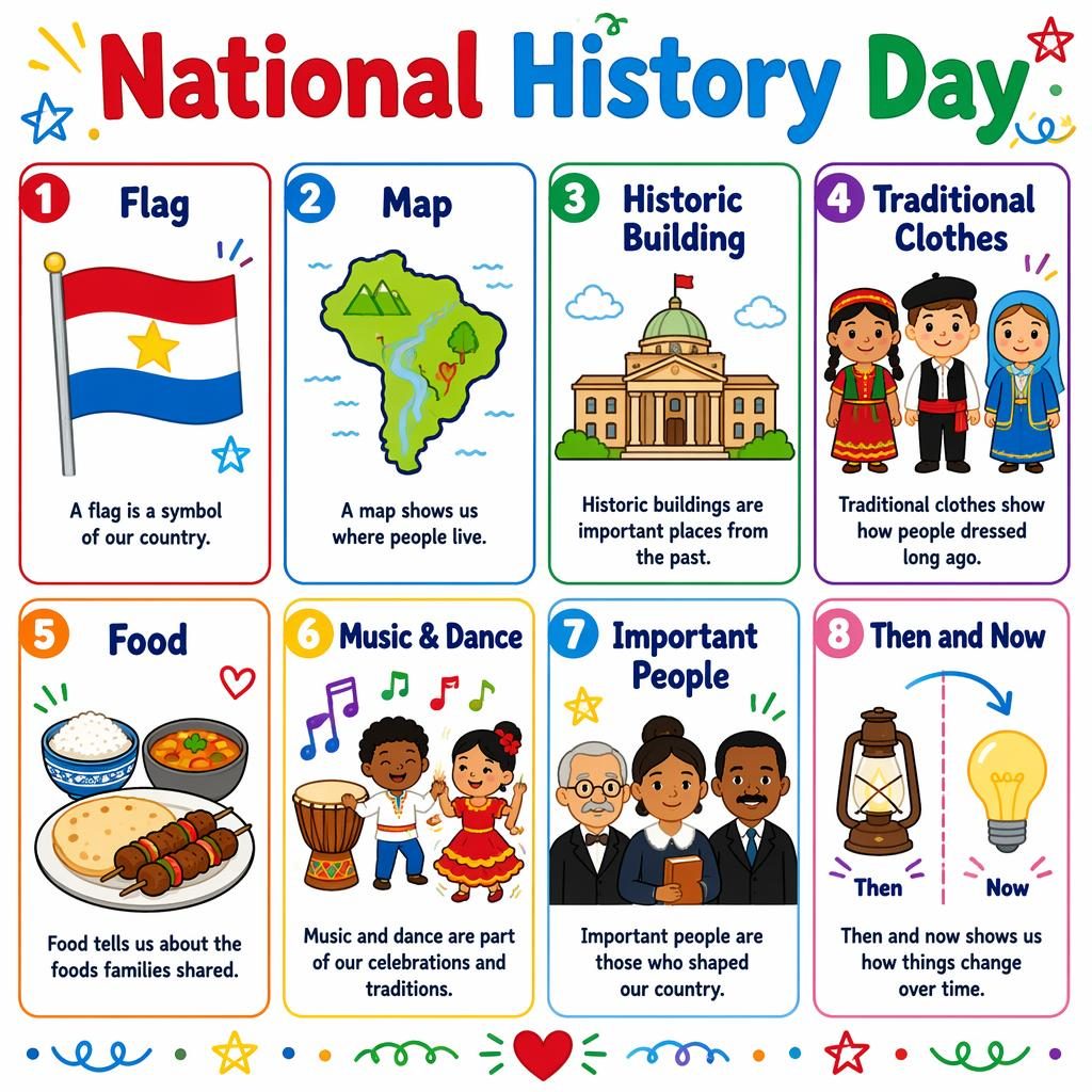 Toddler-friendly National History Day poster with 8 labeled cards: flag, map, historic building, clothes, food, music, people.