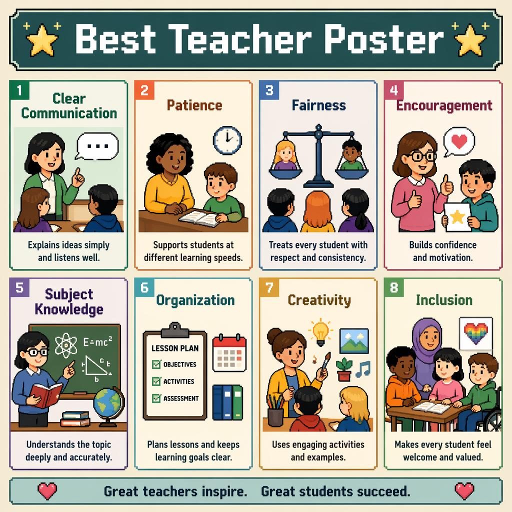 Pixel art classroom poster with 8 grid cards showing teacher qualities like communication, patience, fairness, and inclusion.