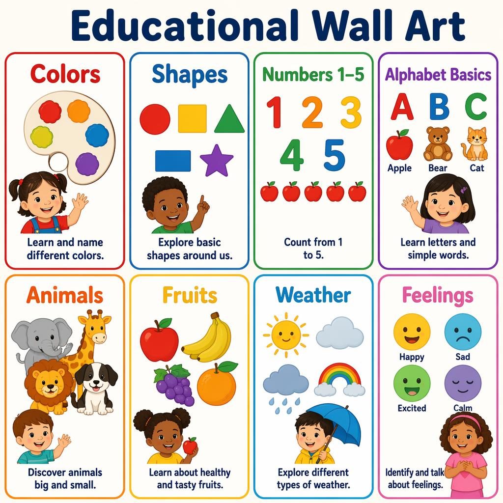 Grid infographic poster with 8 toddler-friendly educational cards on colors, shapes, numbers, alphabet, animals, fruits, weather, and feelings.