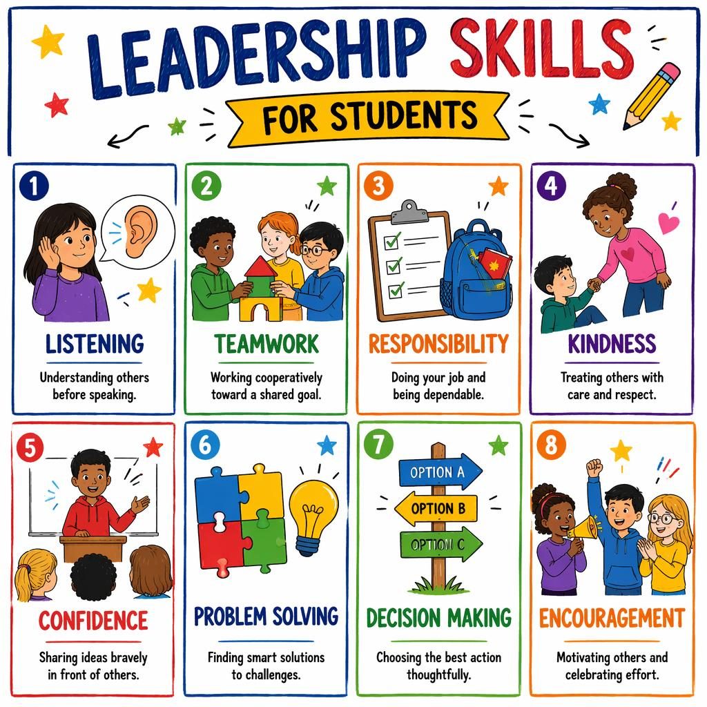 Classroom poster infographic with 8 cards showing leadership skills for students, diverse kids, icons, English labels.