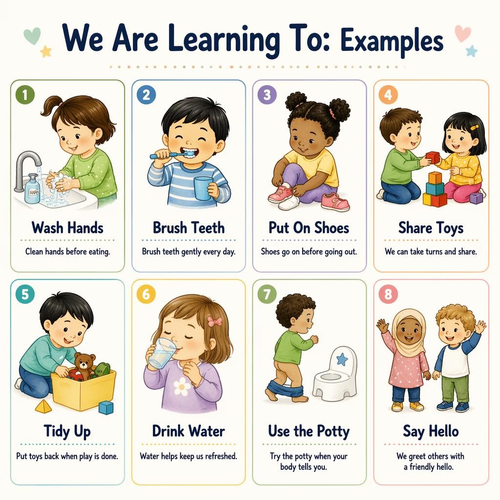 Educational poster with 8 toddler routine cards in a clean grid, showing washing hands, brushing teeth, sharing, potty, and more.