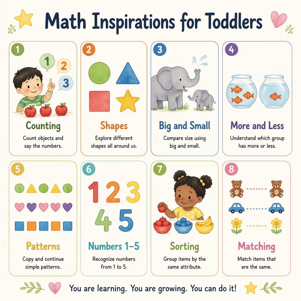 Educational poster with 8 toddler math cards in a clean grid, showing counting, shapes, patterns, sorting, matching and more.