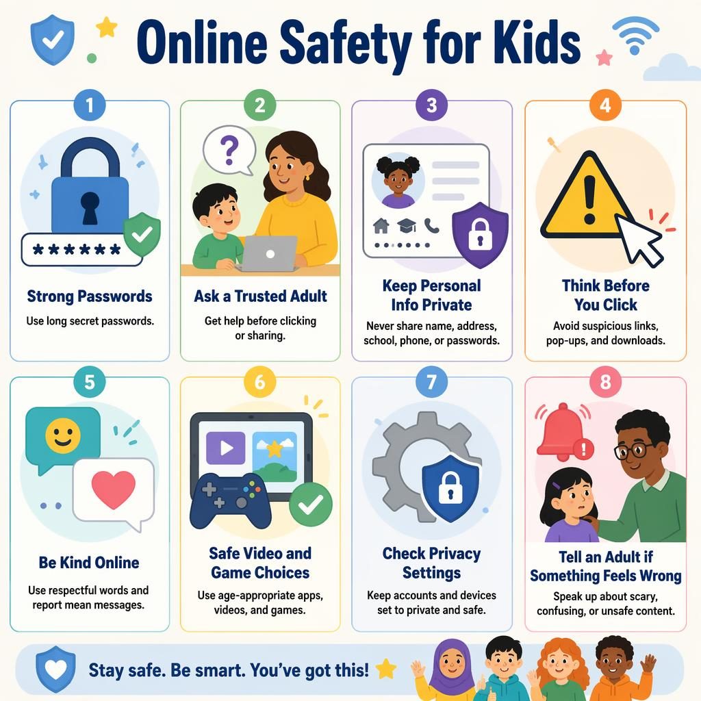 Flat pastel classroom poster with 8 English safety cards for kids, icons, diverse children and caregivers in a grid.