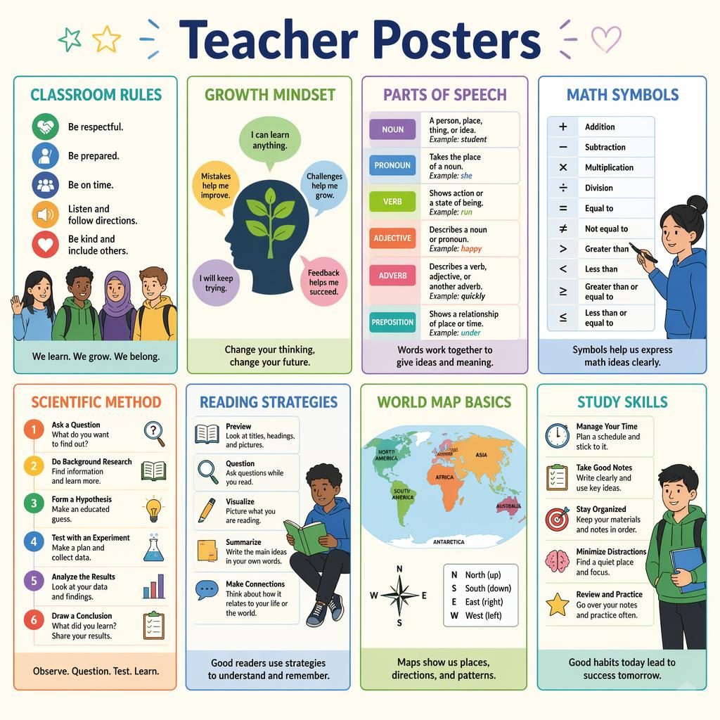 Grid infographic of 8 teacher posters with classroom icons, English titles, and one-line educational descriptions.