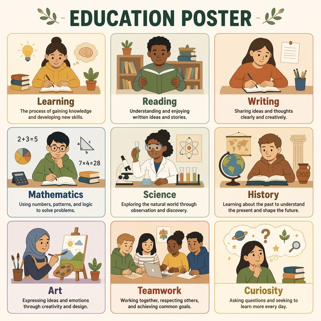 Infografía tipo poster de educacion con 9 tarjetas en cuadrícula 3x3, iconos de aula, texto en inglés y tonos tierra.