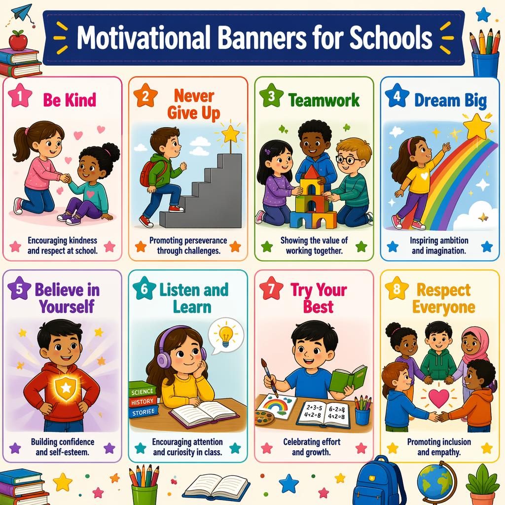Colorful classroom poster grid with 8 motivational banners for schools, each card showing kids, icons, titles, and captions.