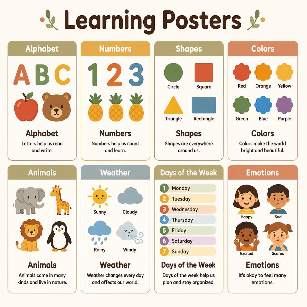 Educational poster with 8 learning cards for kids: alphabet, numbers, shapes, colors, animals, weather, days, emotions.