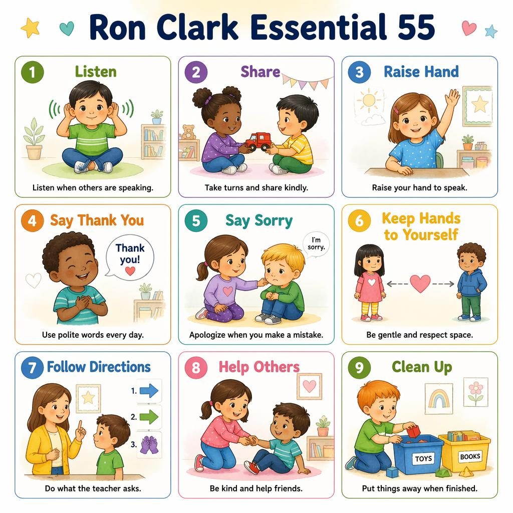 3x3 classroom poster grid with 9 rule cards, child and teacher icons, soft watercolor accents, English labels for toddlers