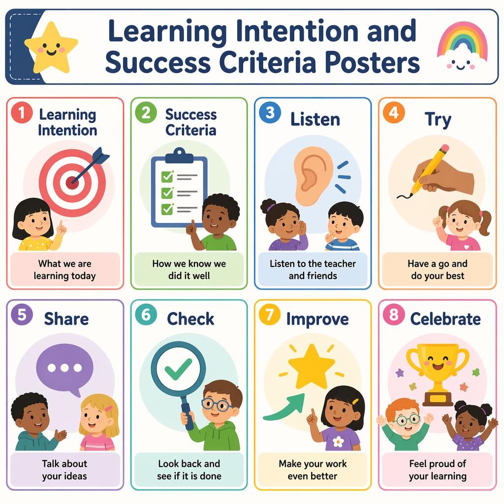 Educational poster grid with 8 pastel classroom cards showing icons, English labels, and kid-friendly learning prompts.