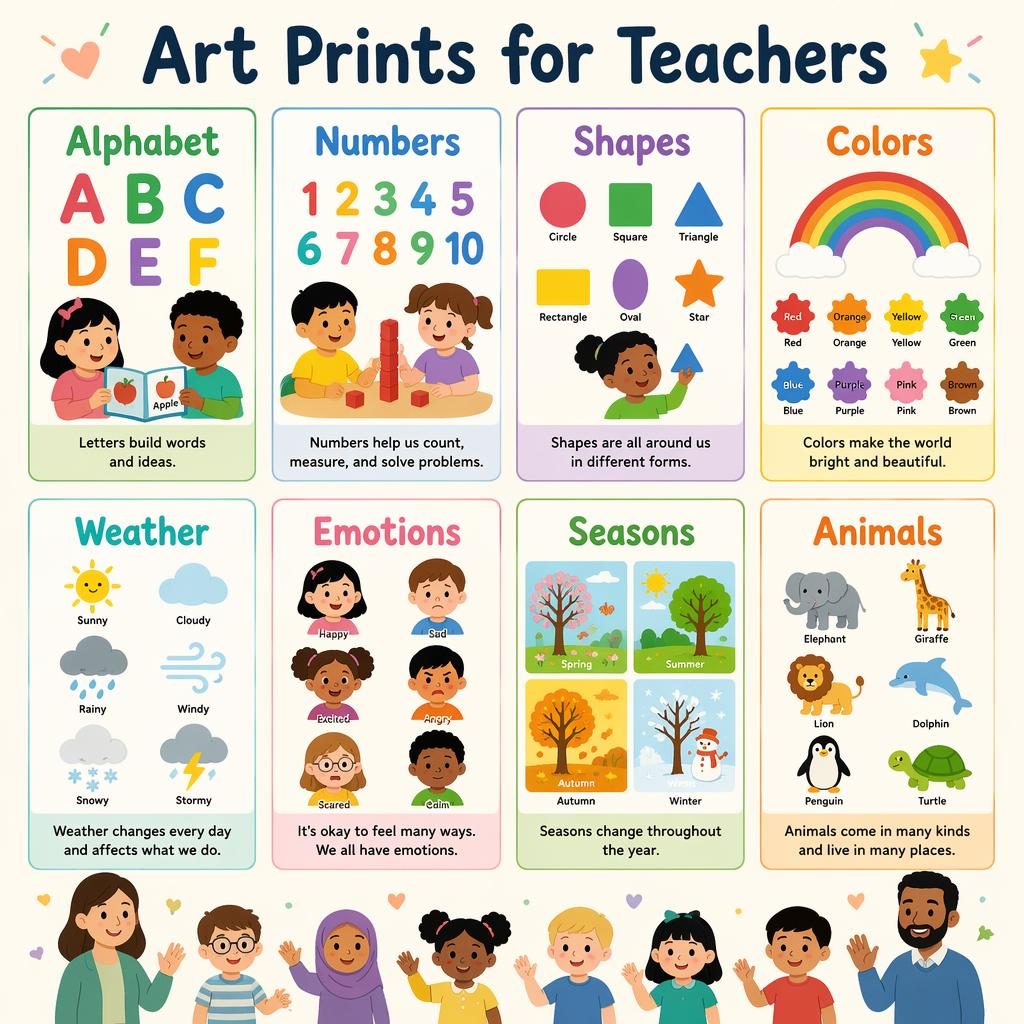 Educational classroom poster with 8 pastel cards showing alphabet, numbers, shapes, colors, weather, emotions, seasons, and animals.