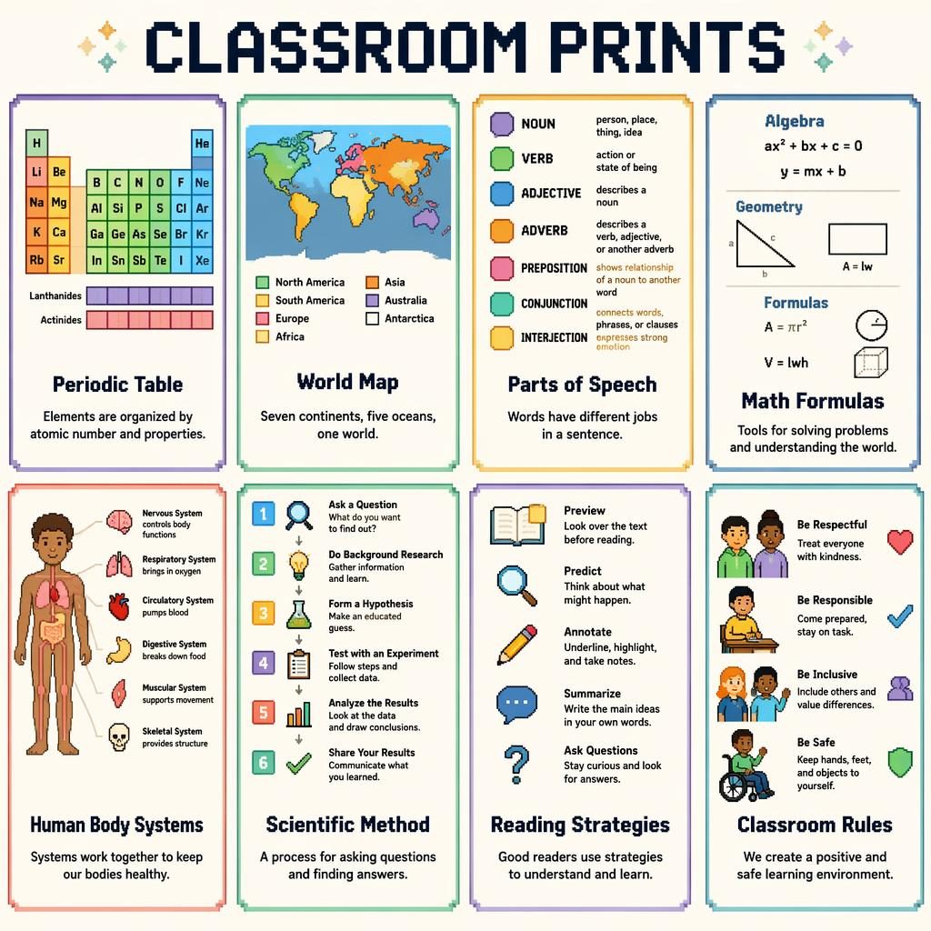 Pixel art classroom prints poster with 8 educational cards in a clean grid, English labels, muted Montessori colors.