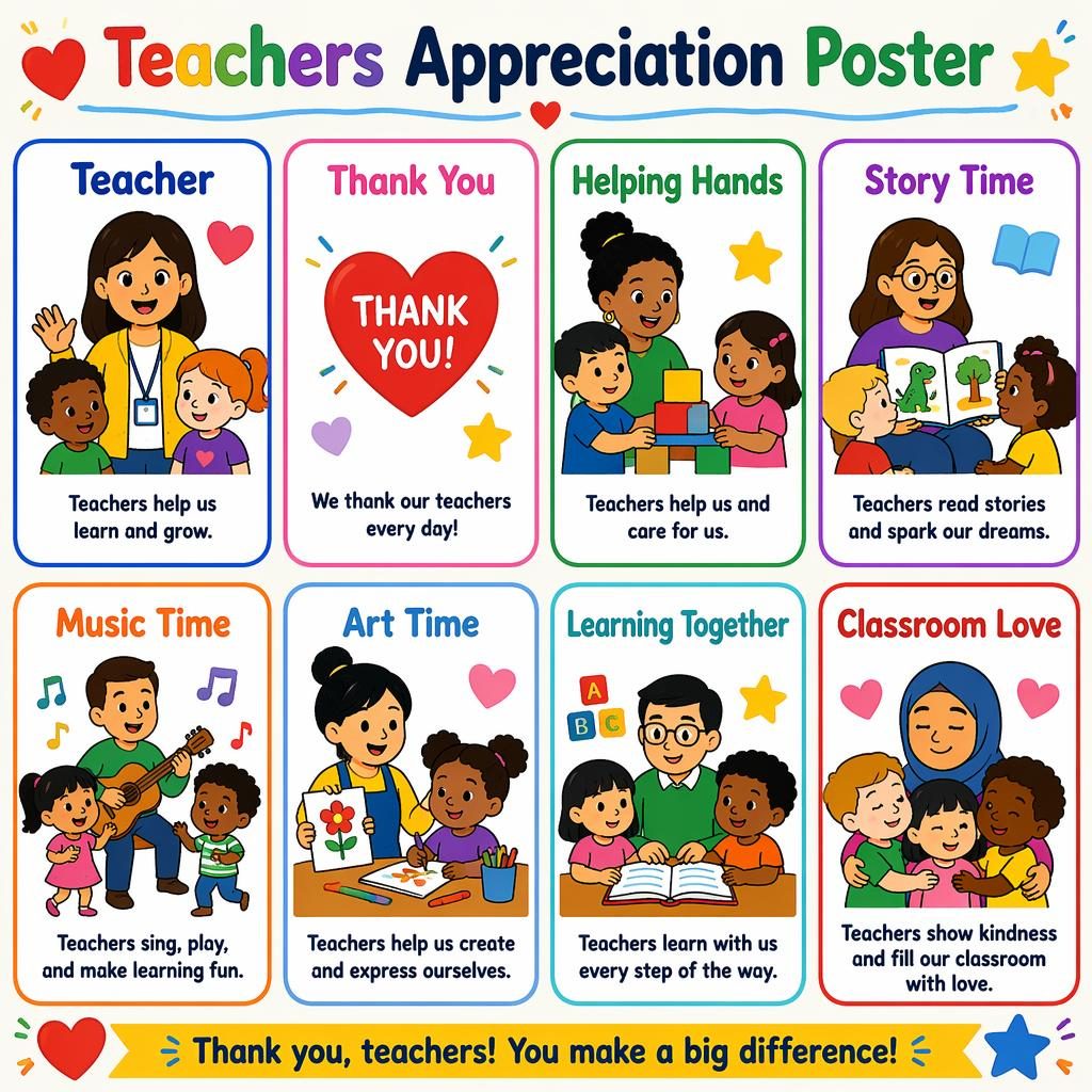 Colorful teachers appreciation poster with 8 toddler-friendly cards showing teacher, books, music, art, hearts, and diverse kids.