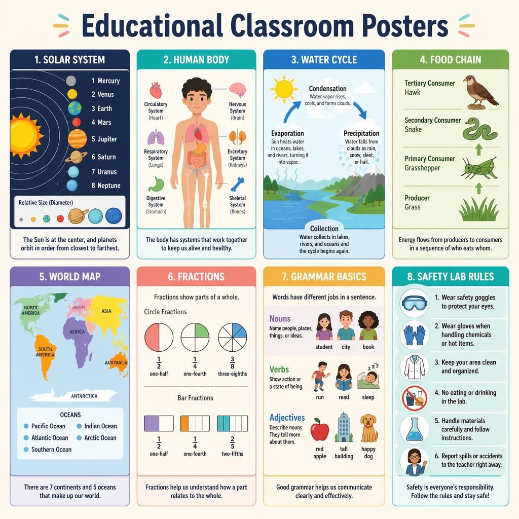 Infografía en cuadrícula con 8 tarjetas educativas pastel sobre sistema solar, cuerpo humano, mapa, fracciones y más.