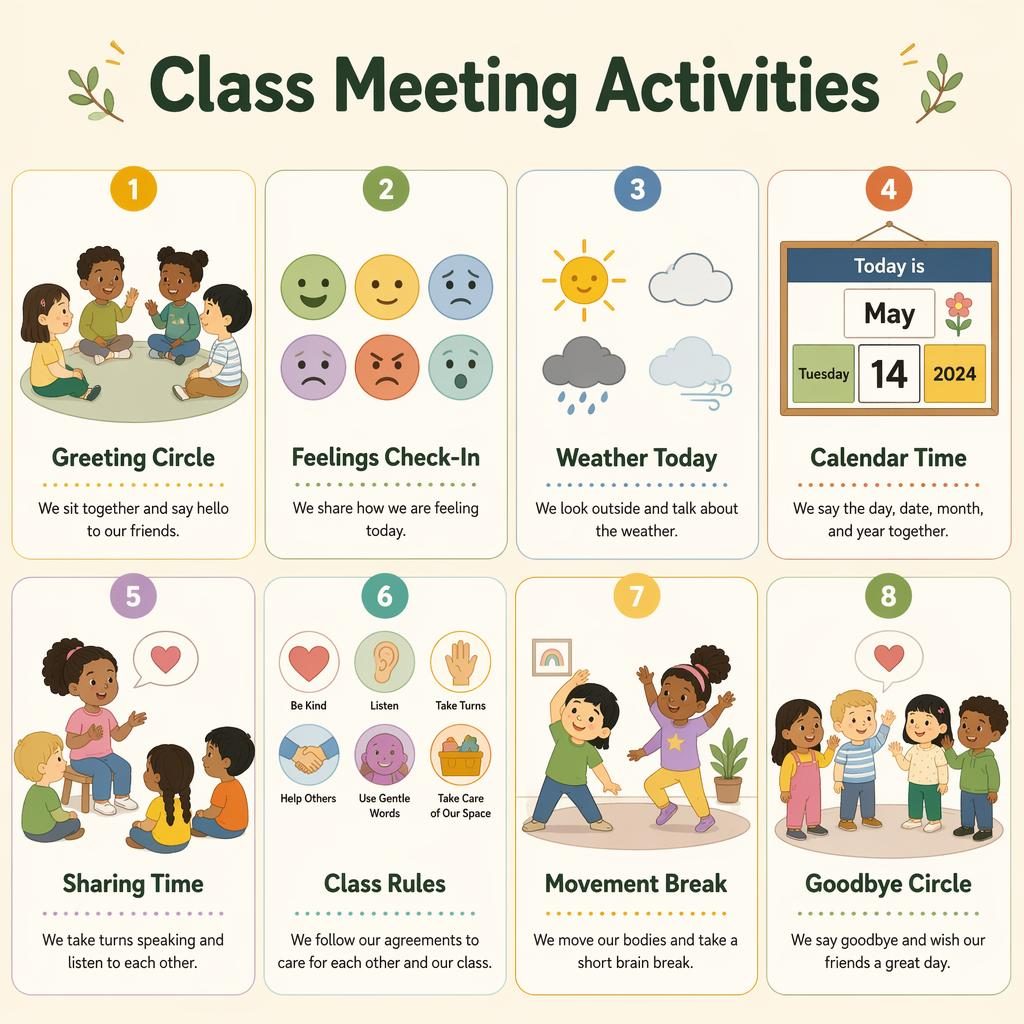 Educational poster with 8 class meeting activity cards in a Montessori-style grid for young children.