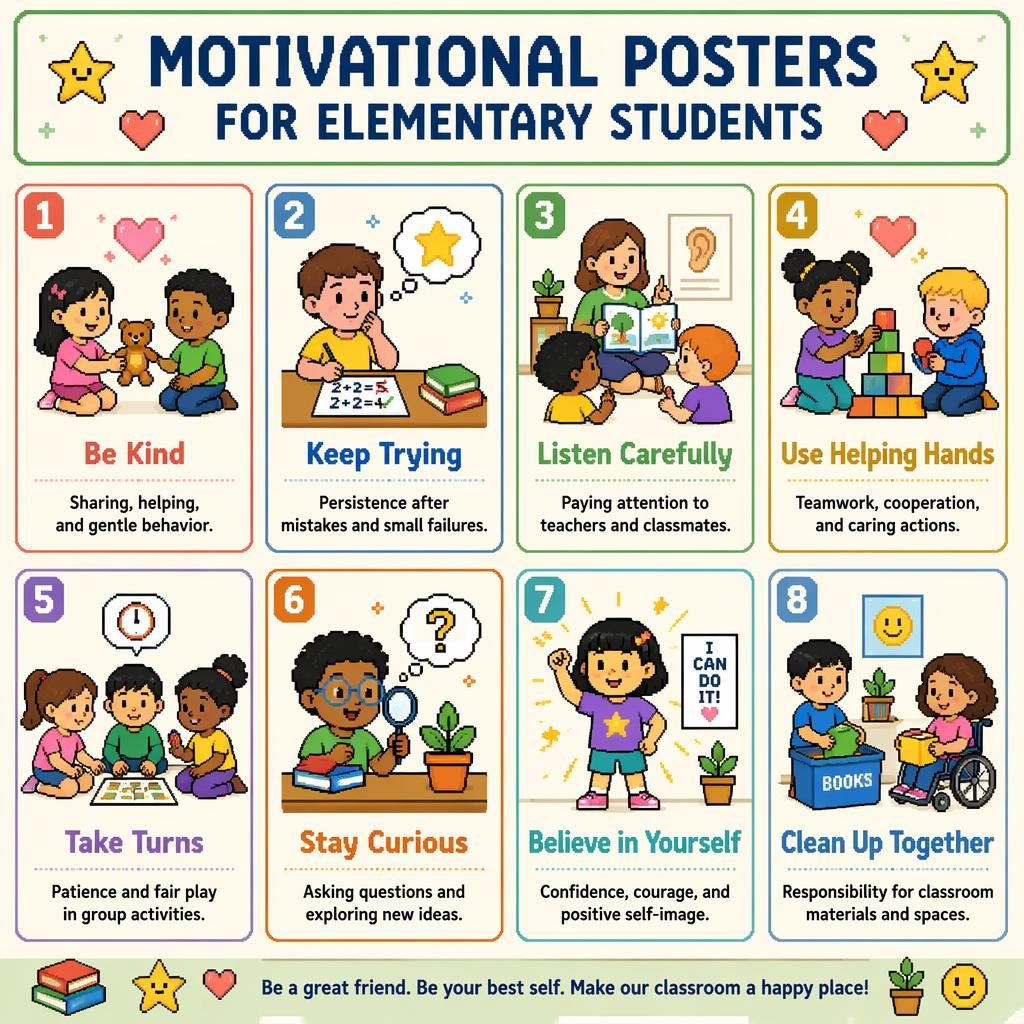 Pixel art classroom poster with 8 motivational cards for elementary students, showing diverse kids, icons, and English labels.