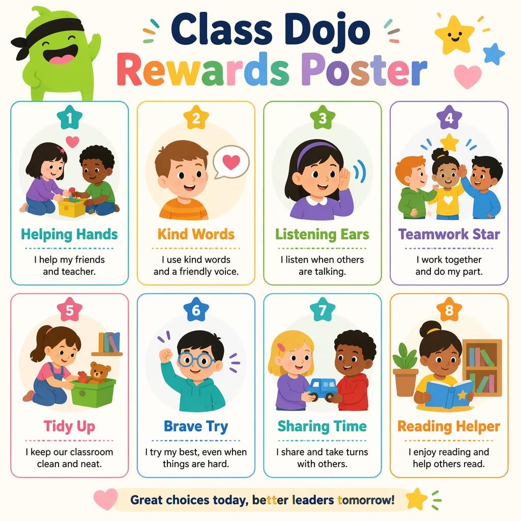 Educational poster with 8 pastel reward cards in a grid, showing child-friendly icons, English labels, and diverse kids.