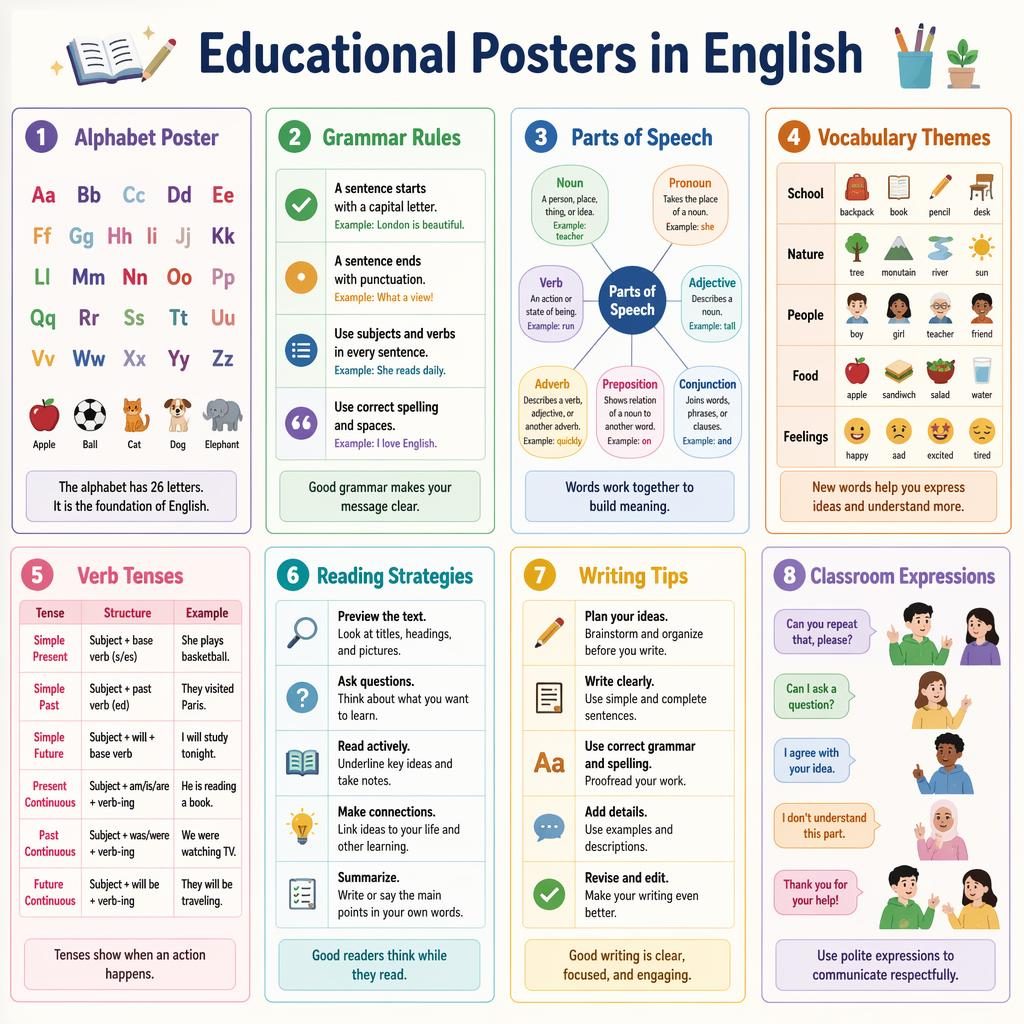 Infografía en cuadrícula con 8 tarjetas educativas en inglés, iconos de aula, colores pastel y diseño inclusivo.