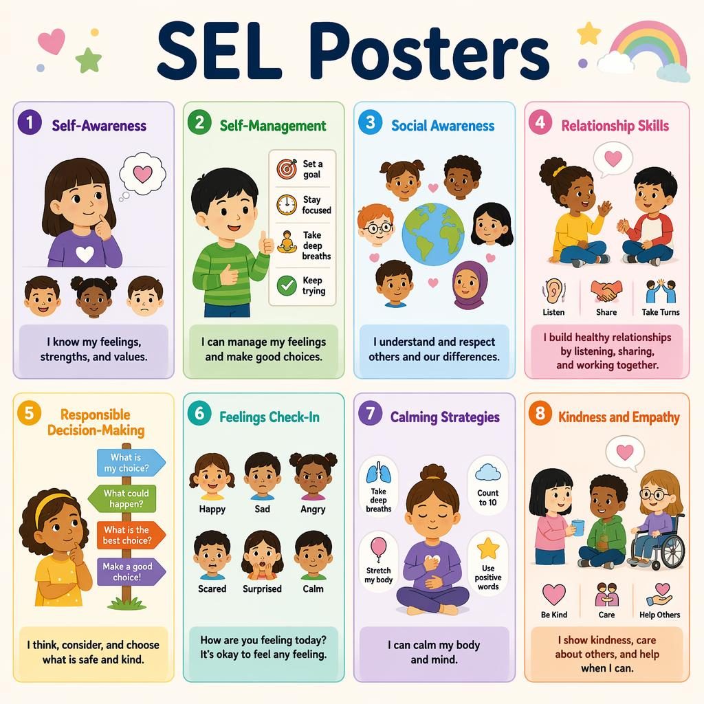 Grid poster with 8 SEL cards for kids, pastel icons, diverse children, English labels, and simple classroom skills.