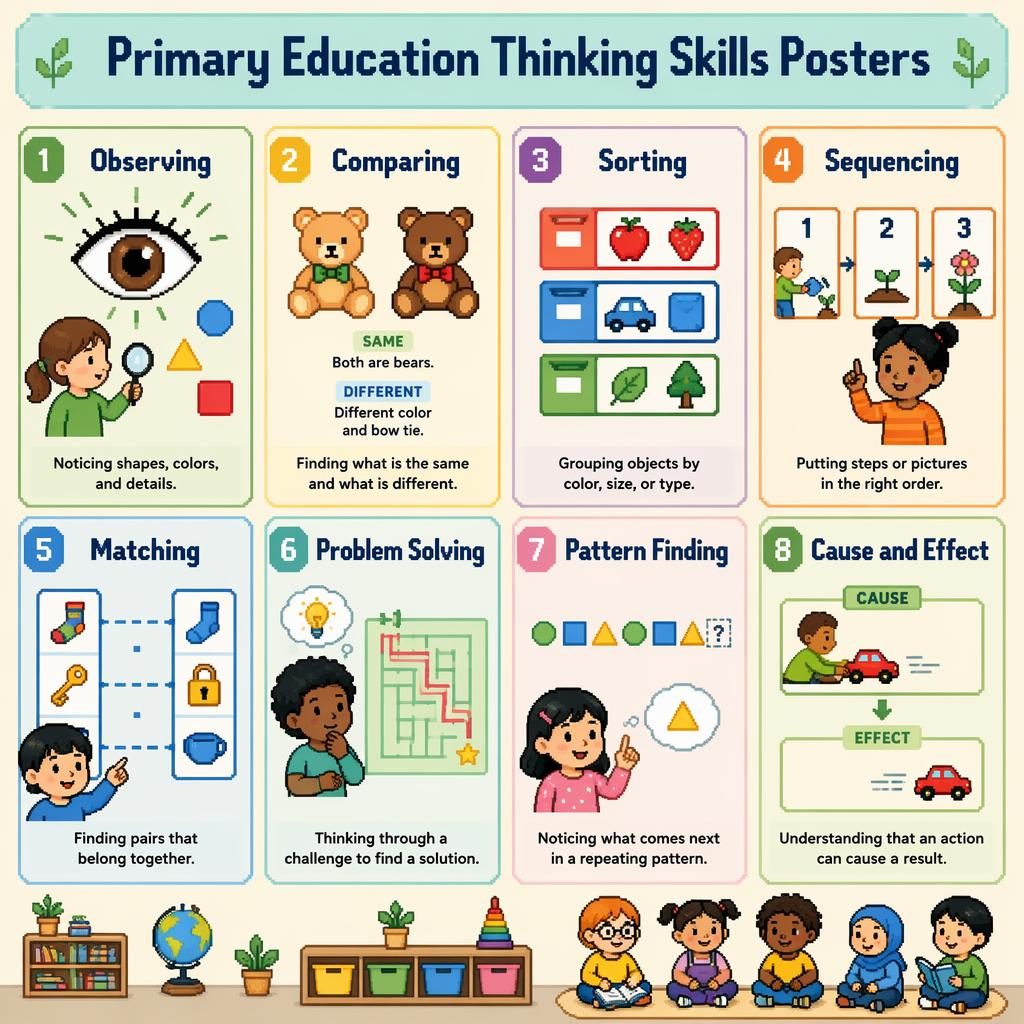 Pixel art classroom poster with 8 labeled cards showing observing, comparing, sorting, sequencing, matching, problem solving, pattern finding, and cause and effect.